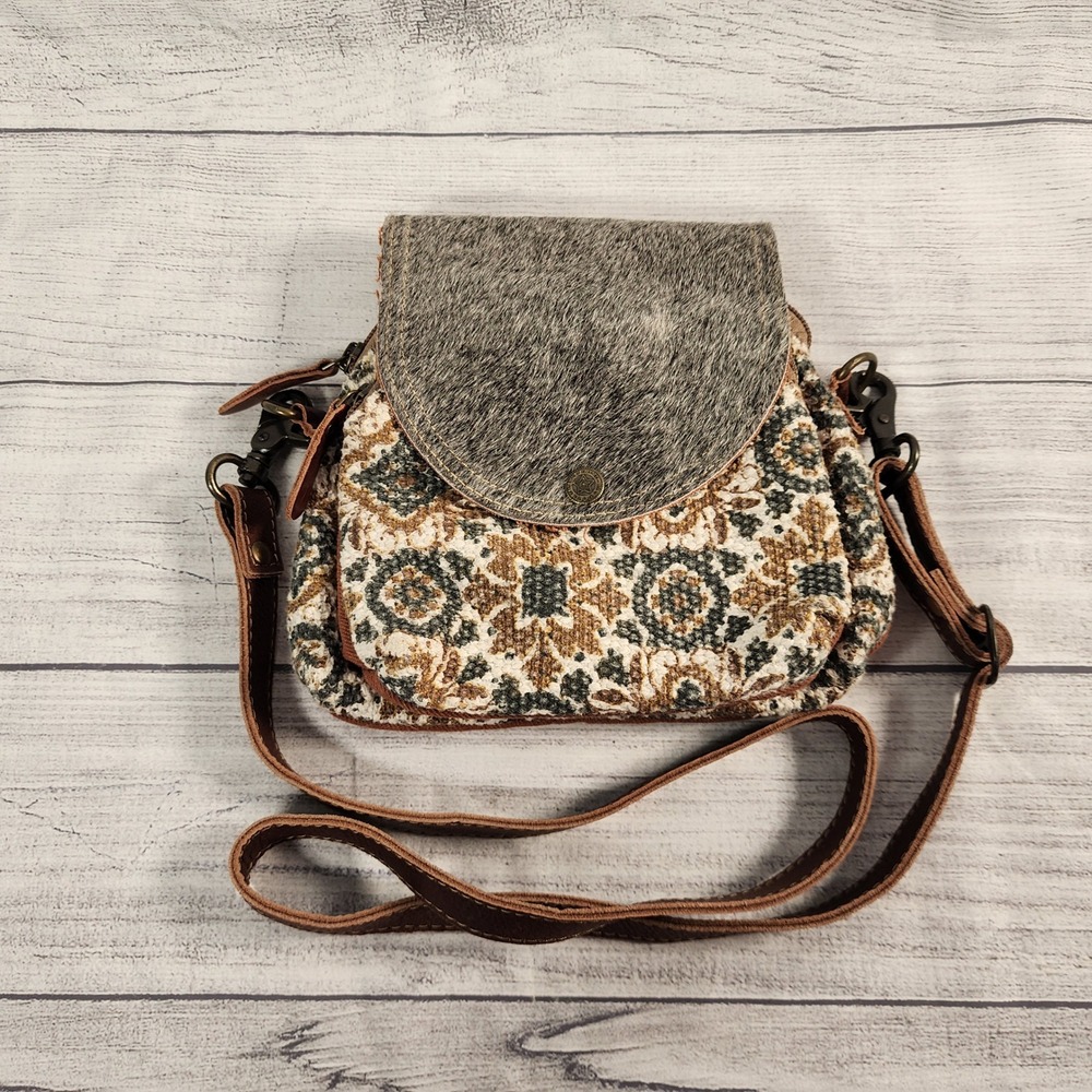 Myra Bag Small Woven Tapestry Cowhide Hair-on-Hide Crossbody Bag Brown